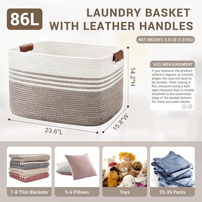 SunNewt 86L Extra Large Laundry Basket with Leather Handles for Living Room Storage, Woven Rope Baskets for Blanket, Kids Toy, Gifts, Wicker Hamper for Bedroom Dirty Clothes, 24"x16"x14" Dark Brown