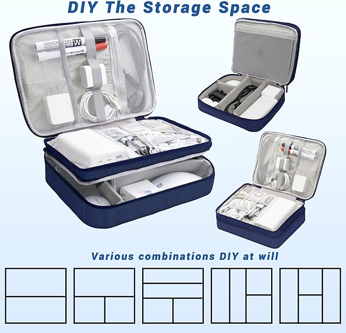 Miavers Electronics Organizer,Travel Cord Organizer Pouch, Portable Cable Organizer Bags, Waterproof Electronic Accessories Storage Case for Cables, Cords, Charger, Phone (Three Layer-NavyBlue)