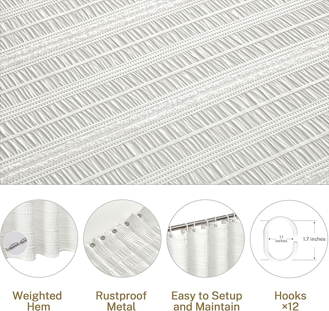 Siiluminisoy Extra Long Farmhouse White Boho Shower Curtain 72 x 96 Cotton Blend Tufted Fabric Waffle Textured Shabby Chic Rustic Minimalist Striped Shower Curtains for Bathroom, Hotel