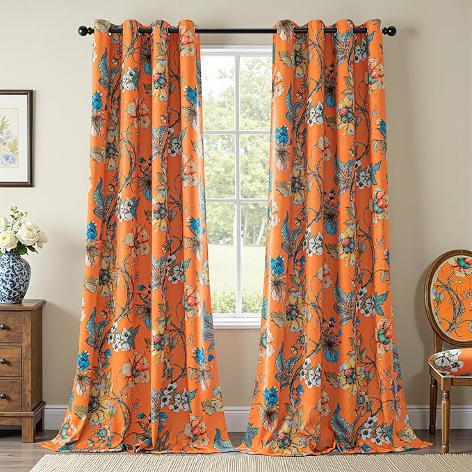 MYSKY HOME Floral Blackout Curtains 95 Inches Long Black Out Room Darkening Thermal Insulated Privacy Protect Vintage Spring Floral Print for Living Room Dining Room, 2 Panels, 52" x 95", Orange