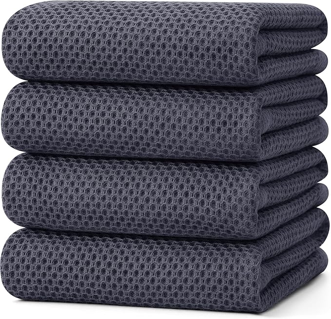 Kitinjoy 100% Cotton Waffle Weave Kitchen Towels, 4-Pack Super Soft and Absorbent Dish Towel for Drying Dishes, Kitchen Hand Towels, 20 in x 28 in, Dark Grey