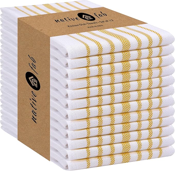 Native Fab Kitchen Dish Towels 16x26 inches Set of 12 Herringbone Weave - Scandia Striped 100% Cotton Dish Cloths for Washing Dishes, Absorbent Hand Towels with Hanger - Yellow White