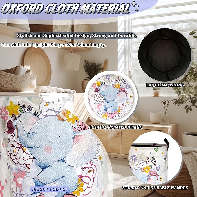 Cute Elephant Laundry Basket Oxford Cloth Colorful Flowers Animal Laundry Hamper With Handle Portable Clothes Storage Basket Foldable Funny Laundry Bag 18.9"x16.5" For Laundry Room/Bedroom/Bathrooms
