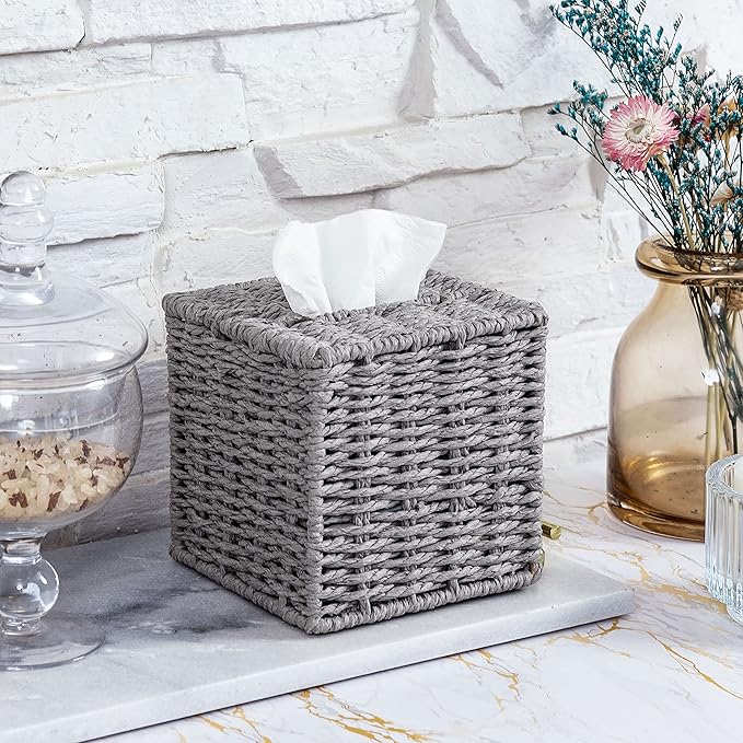 MyGift Gray Tissue Box Cover Square with Lid - Decorative Rattan Kleenex Holder, Woven Cube Tissue Holder for Bathroom Toilet Bedroom Living Room Kitchen Table Desk Office Car