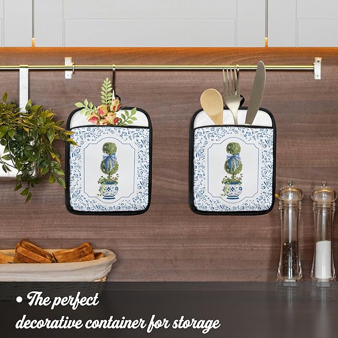 Blue and White Chinoiserie Floral Pot Holders with Pockets, Blue Coquette Bow Porcelain Floral Pot Holders Heat Resistant Oven Mitts Hot Pads for Kitchen Baking Cooking,Potholders for Kitchens