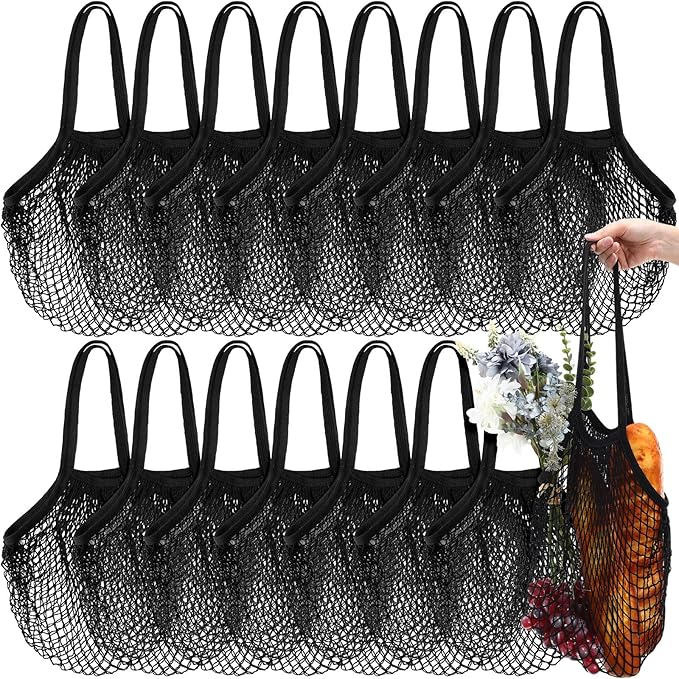 Shappy 16 Pcs Reusable Grocery Bags Mesh Produce Bags Washable Cotton Mesh Tote with Handles for Fruit Vegetable Shopping Storage Market(Black)