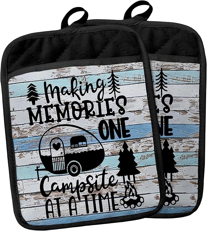 Camping Camper RV Gifts Pot Holders with Pockets, Making Memories One Campsite at a Time Pot Holders Heat Resistant Oven Mitts Hot Pads for Campsite RV Kitchen Baking Cooking