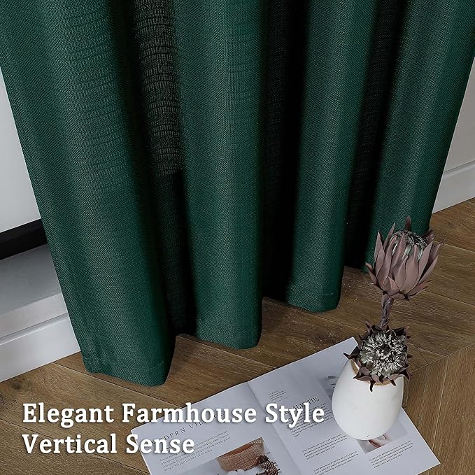 Lecloud Bessie Hunter Green Privacy Curtains 84 Inches Long 2 Pcs, Light Filteringn Airy Faux Linen Textured Curtain, Durable Rod Pocket Window Treatments for Bedroom Living Room, Each 40" W x 84" L