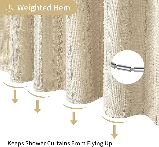 Lameirose Beige Shower Curtain Boho, 72 x 72 Cotton Blend Waffle Weave Stripe Textured Heavy Duty, Fabric Shower Curtain for Bathroom, Hotel, Washable