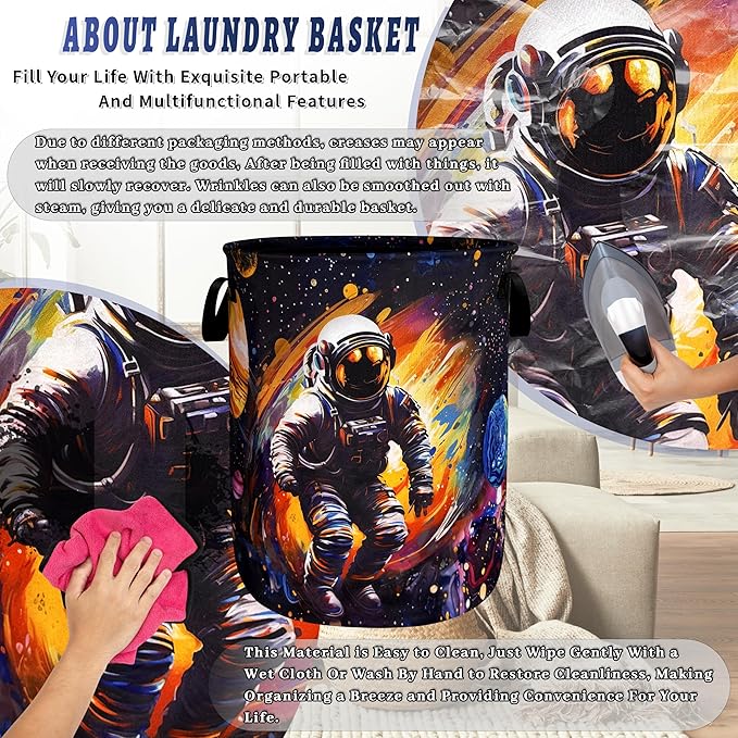 Funny Astronaut Laundry Hamper Oxford Cloth Colorful Universe Planet Laundry Basket With Handle Portable Clothes Storage Basket Foldable Laundry Bag 18.9"x16.5" For Laundry Room/Bedroom/Bathrooms