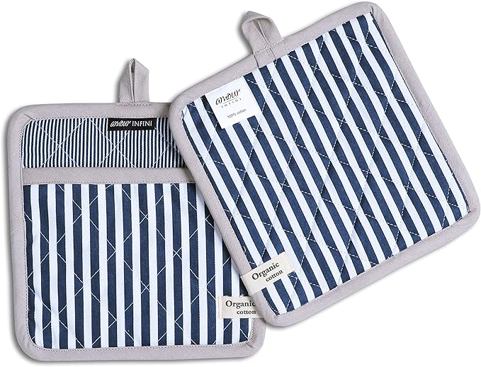 AMOUR INFINI Striped Pot Holders and Oven Mitts Heat Resistant Non Slip Reusable Set of 1 Oven Mitt and 1 Pot Holder Oven Gloves Pot Holder for Cooking (Blue)