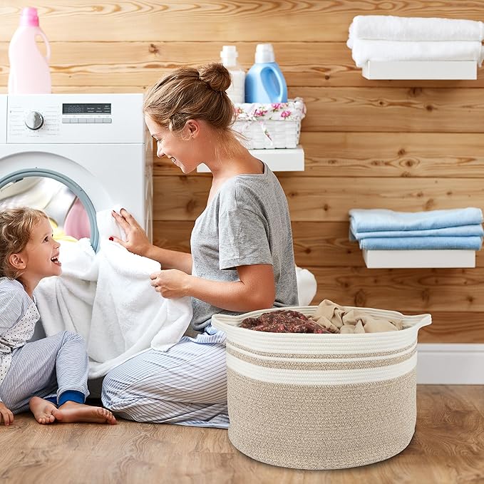 XUANGUO Large Cotton Rope Basket Blankets Basket Living Room 22"x14" Toy Baskets for Kids Rope Storage Basket for Nursery Woven Laundry Baskets for Clothes Towels Baby Toy Storage round white brown