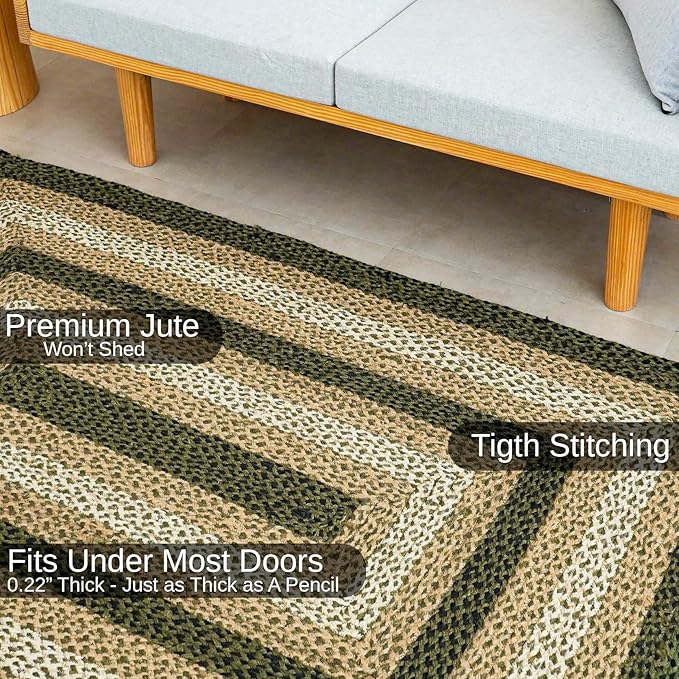 Traditional Jute Braided Rug, Rustic Country Décor for Kitchen, Living Room, Dining Room, Bedroom, Meadow, 3'X5'
