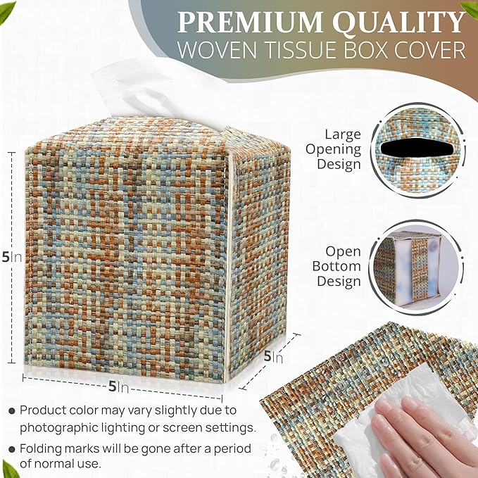PU Leather Tissue Box Cover with Bottom Belt - Modern Square Tissue Box Holder with Wide Opening - Blue White Camel, Woven Patterns