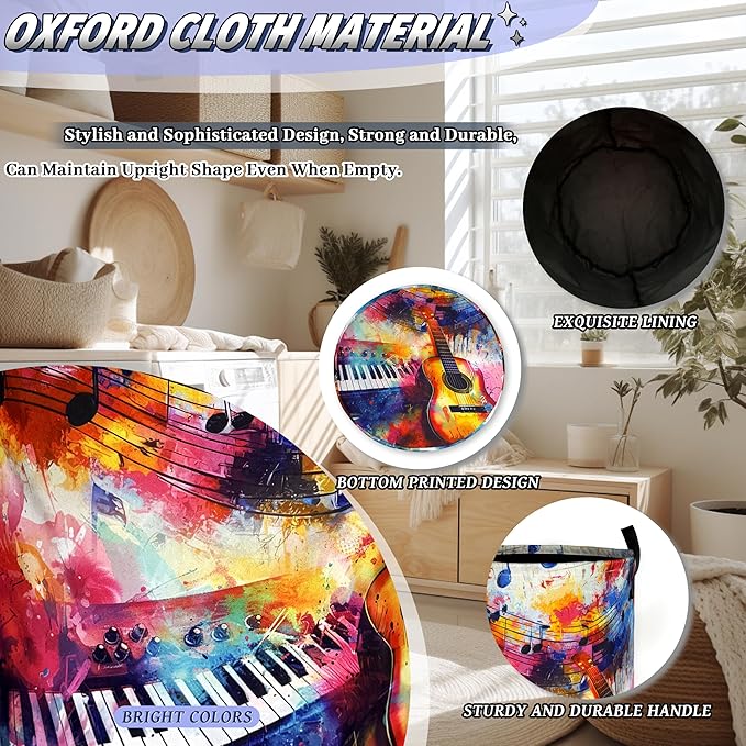 Colorful Music Notes Laundry Basket Oxford Cloth Guitar Funny Laundry Hamper With Handle Portable Clothes Storage Basket Foldable Laundry Bag 18.9"x16.5" For Laundry Room/Bedroom/Bathrooms
