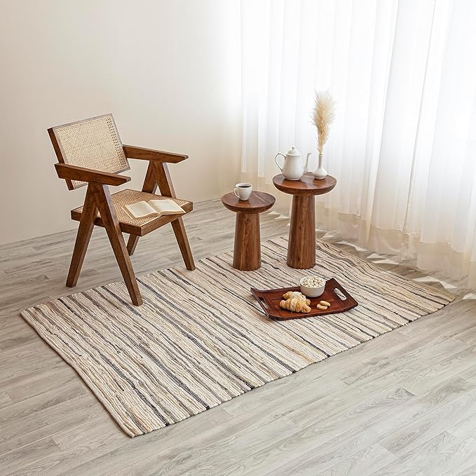 HOMEMONDE Beige Chindi Rug 4'x6' Recycled Soft Cotton Rag Rug Hand Crafted Reversible Farmhouse Style Boho Home Decor for Bedroom, Living Room, Kitchen, Entyrway