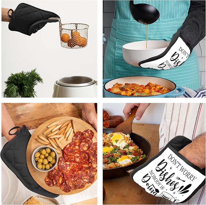 Funny Kitchen Gifts Pot Holders with Pockets, Don't Worry Dishes Pot Holders Heat Resistant Oven Mitts Hot Pads for Kitchen Baking Cooking,Potholders for Kitchens