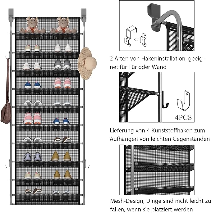 MUOU 10 Tier Shoe rack Hanging Shoe Storage the door shoe rack for Closet Pantry Over The Door Shoe Organizer Wall Floating Shelves (Gray, 10 Tier)