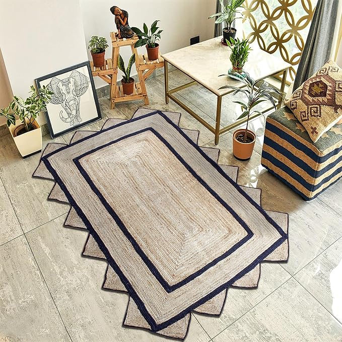 Scalloped Edge Rug, Hand Woven Natural Jute Area Rug, 2x3 Ft Beige & Black Braided Sisal Kilim Rugs for Living Room, Kitchen, Entryway, Farmhouse