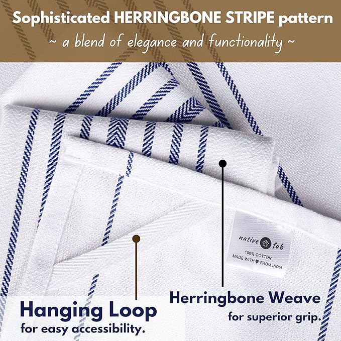Native Fab Kitchen Dish Towels 16"x26" Set of 4 Herringbone Weave - Scandia Stripe 100% Cotton Tea Towels, Dishcloths, Washable Absorbent Hand Towels with Hanging Loop - Blue White
