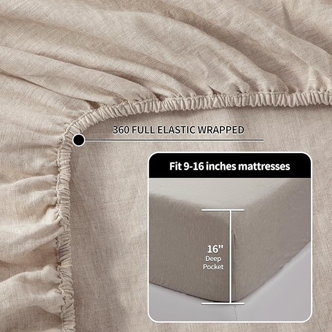 LBRO2M 100% Linen Sheet Set Twin Size,Bed Sheets 3 Piece Sets,Solid Color Natural Flax Bed Sheets Soft Breathable Bedding,16" Deep Pocket,All Season (Twin, Linen)