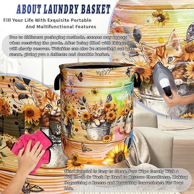 Cute Cats Sunflower Laundry Basket Oxford Cloth Animals Flower Funny Laundry Hamper With Handle Portable Clothes Storage Basket Foldable Laundry Bag 18.9"x16.5" For Laundry Room/Bedroom/Bathrooms