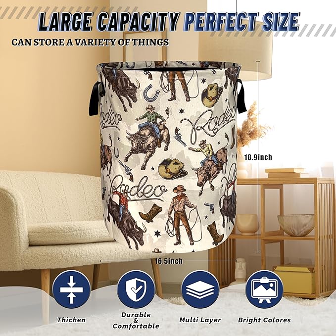 Western Cowboy Laundry Basket Oxford Cloth Cowboy Hat Funny Laundry Hamper With Handle Portable Clothes Storage Basket Foldable Western Print Laundry Bag 18.9"x16.5" For Laundry Room/Bedroom/Bathrooms