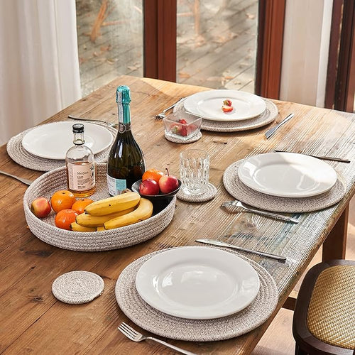 Art PineCone's Woven Cotton Rope Round Placemats Set of 4 with Holder Included, Non-Slip, and Heat Resistant Shabby Chic Placemats (Taupe Mix, 13 inch Plus Coaster)