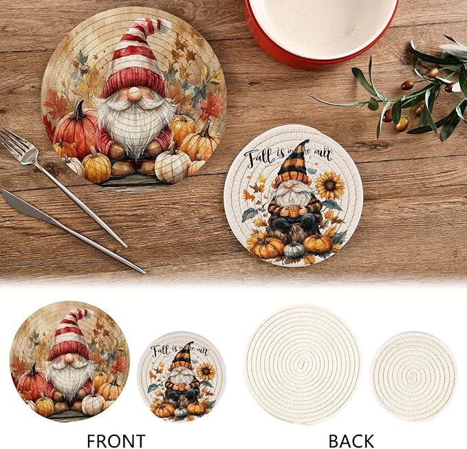 Autumn Gnome Trivet Mat 2PCS Fall Leaves Pumpkin Round Woven Potholders Kitchen Table Countertop Protector Hot Pads Farmho