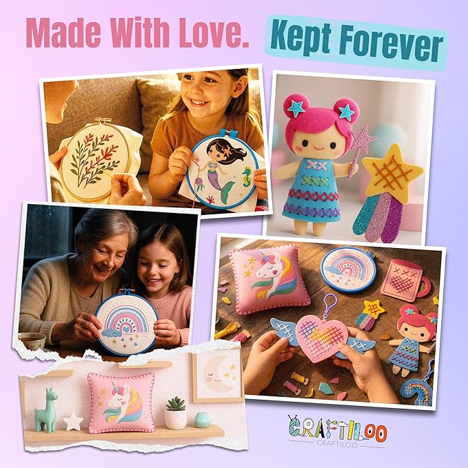 CRAFTILOO 2 in1 Cross Stitch & Embroidery Kit for Kids Ages 6+ Make 8 Projects Backpack Charms, Keyring, Doll, Wall Art, Unicorn Pillow & Card Holder Beginner Needlepoint & Creative Gift Set