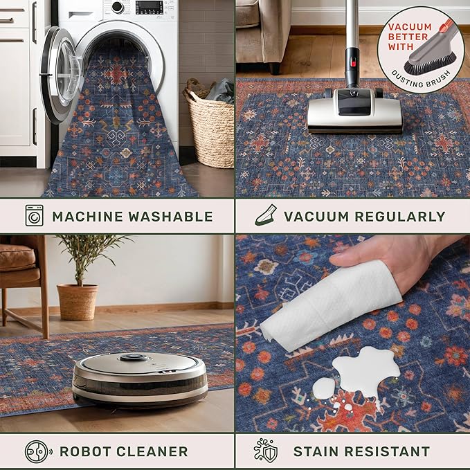 Washable 12 ft Long Runner for Kitchen Floor - Navy Blue Hallway Runner Rug, Pet Friendly Waterproof Non Slip with Rubber Backing, Stain Resistant Laundry Room Rug (3x12 Navy Blue & Terracotta)