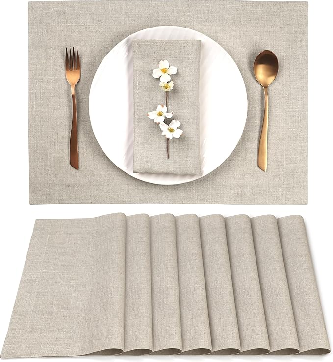 D'Moksha Homes Linen Natural Placemats Set of 8-100% Pure Linen Placemats 14 x 19 Inch for Valentines, Spring, Easter - Handcrafted and Machine Washable