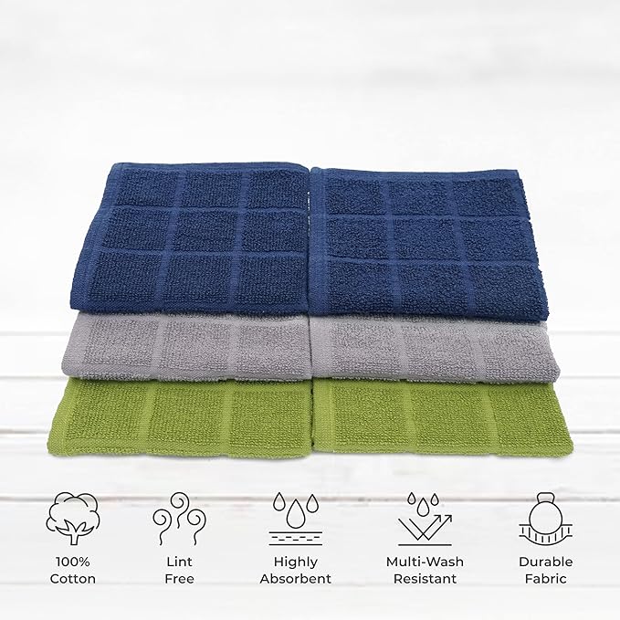 Mellow Buff 100% Cotton Terry Dish Cloth & Dish Towel, 6 Pack, Super Soft and Absorbent Kitchen Towels, Perfect for Kitchen Cleaning and Dish Washing (Assorted 6 Pack)