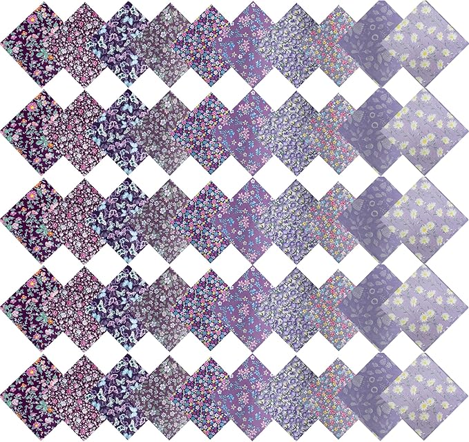 HANPATQUI 50PCS 5 x 5 inch Purple Printed 100% Cotton Fat Quarters Fabric for Sewing and Quilting Bundles Precut Fabric Square for DIY Craft Patchwork