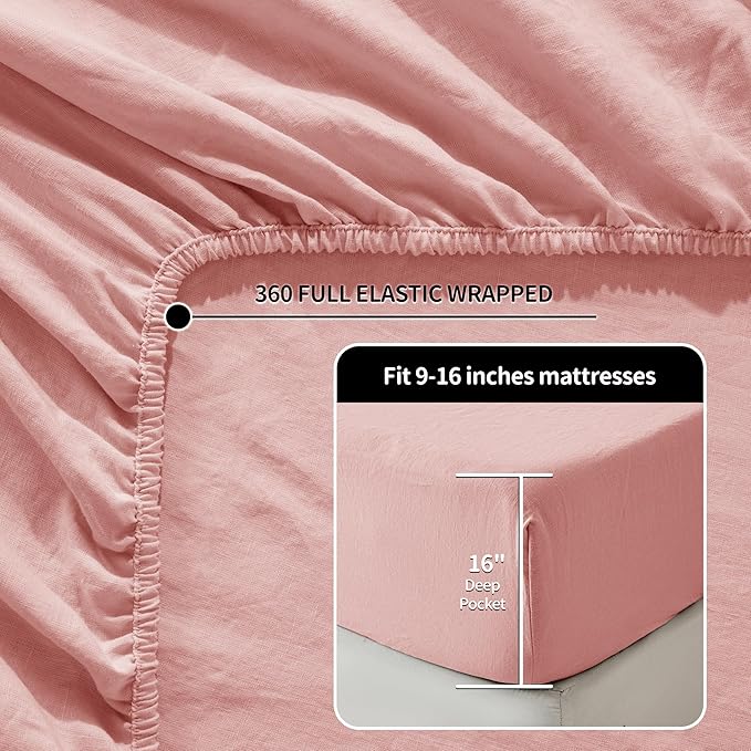 LBRO2M 100% Linen Sheet Set 16" Deep Pocket California King Size,Bed Sheets 4 Piece Sets,Solid Color Natural Flax Bed Sheets Soft Breathable Bedding,All Season (Clifornia King, Blush Pink)
