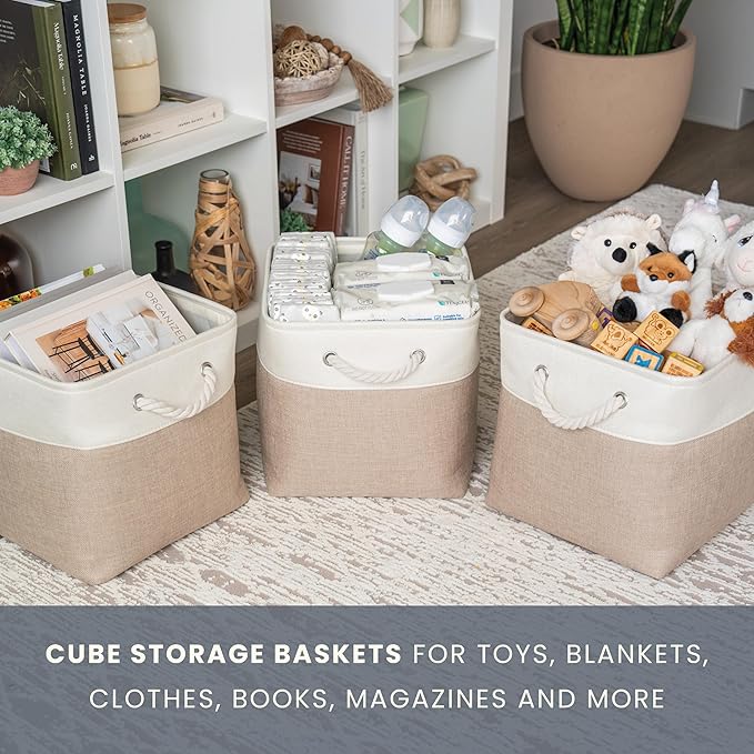 OrganiHaus 11x11 Cube Storage Bins 4 Pack, Foldable Cube Storage Organizer w/ Rope Handles, Collapsible Fabric Bins for Toys, Clothes & Closet Organization, Fabric Square Baskets - Beige/White