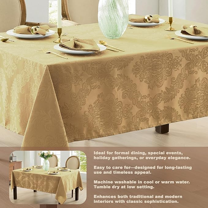 Newbridge Barcelona Damask Fabric Tablecloth, 60 x 120 Inch Rectangle, Gold – No Iron, Soil Resistant Table Cover for Dining, Parties and Holidays
