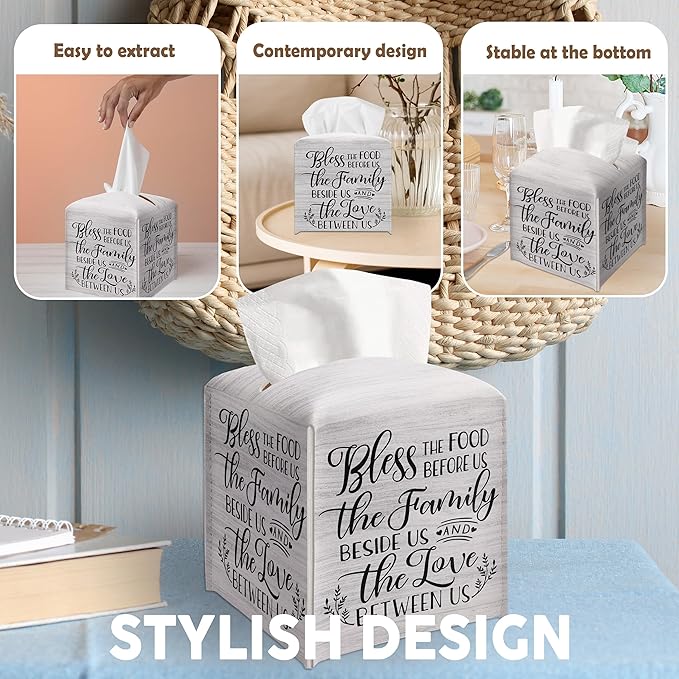 Christian Decorative Tissue Box Cover Square, Wood Pattern Leather Tissue Box Holder, Religious Gift Ideas for Family, Bless The Food Before Us, Bathroom Office Decor-(5.2 Inches)