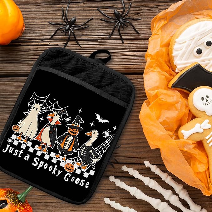 Spooky Halloween Goose Pot Holders with Pockets, Trendy Funny Ghost Pumpkin Goose Halloween Oven Pot Holders Heat Resistant Oven Mitts Hot Pads for Kitchen Baking Cooking