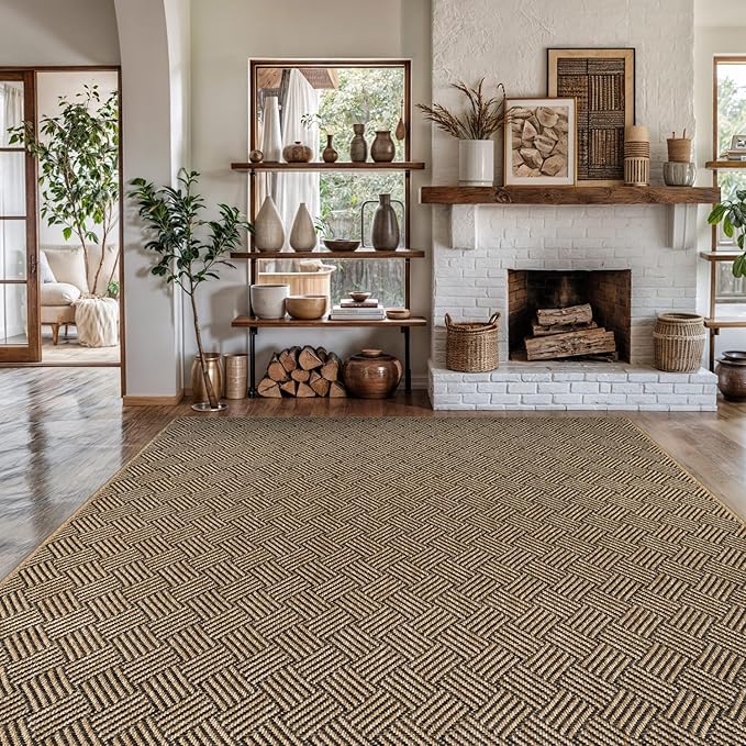 Easy Jute Rugs 10x14 Herringbone Natural Color Living Room Indoor Outdoor Area Rug for Patio and Kitchen Rug High Traffic Washable Easy to Clean Solid Boho Woven Design Carpet (10 x 14)