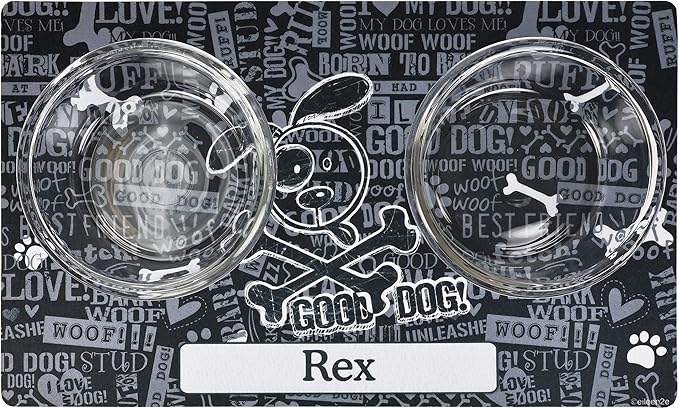 Drymate Personalized Pet Bowl Placemat, Custom Dog & Cat Food Feeding Mat - Absorbent Fabric, Waterproof Backing - Machine Washable/Durable (USA Made) (12" x 20") (Cross Bones - Black)