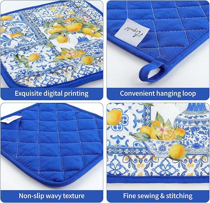 Yellow Lemon Oven Mitts and Pot Holders Sets 2Pcs, 100% Cotton Heat Resistant, Extra Long Oven Gloves Potholder for Kitchen Cooking Baking Decoration