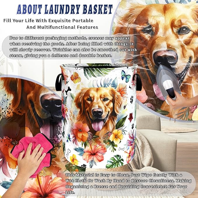 Dog Laundry Basket Oxford Cloth Funny Pet Flower Laundry Hamper With Handle Portable Clothes Storage Basket Foldable Laundry Bag 18.9"x16.5" For Laundry Room/Bedroom/Bathrooms