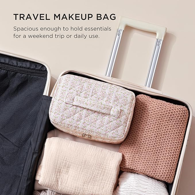 HBselect Christmas Gifts Large Quilted Makeup Bag, Cute Cotton Travel Makeup Bag with Handle, Portable Coquette Floral Make up Bags, Toiletry Organizer Make up Bags for Women Teen Girls Mom