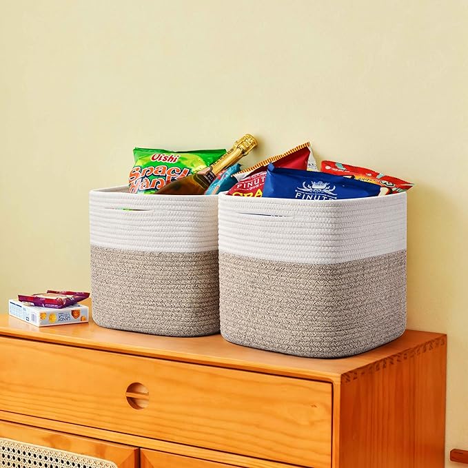 Gocjuaza 3 Pack Storage Cubes 11 Inch Cotton Rope Woven Baskets for Organizing Cube Bin Square Shelves Organizer,Classroom,Kids Toy Bins,Closet,Baby Nursery(Brown)