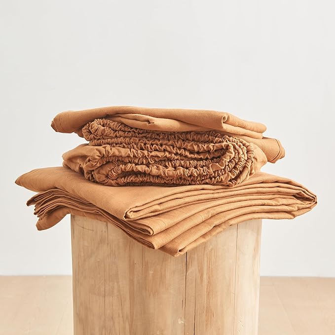Simple&Opulence Belgian Linen Sheet Set Solid Color - 4 Pieces (1 Flat Sheet, 1 Fitted Sheet & 2 Pillowcases) Natural Flax Cotton Blend Soft Breathable Farmhouse Bedding - Full Size, Rust