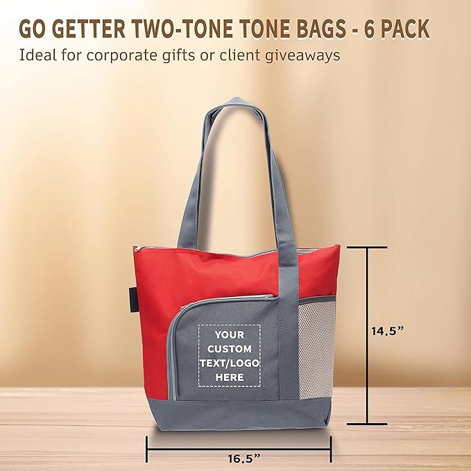 DISCOUNT PROMOS Custom Go Getter Sport Tote Beach Bags Set of 6, Personalized Bulk Pack - Reusable, Great for Shopping, Beach, Picnic, Other Outdoor Adventure - Red