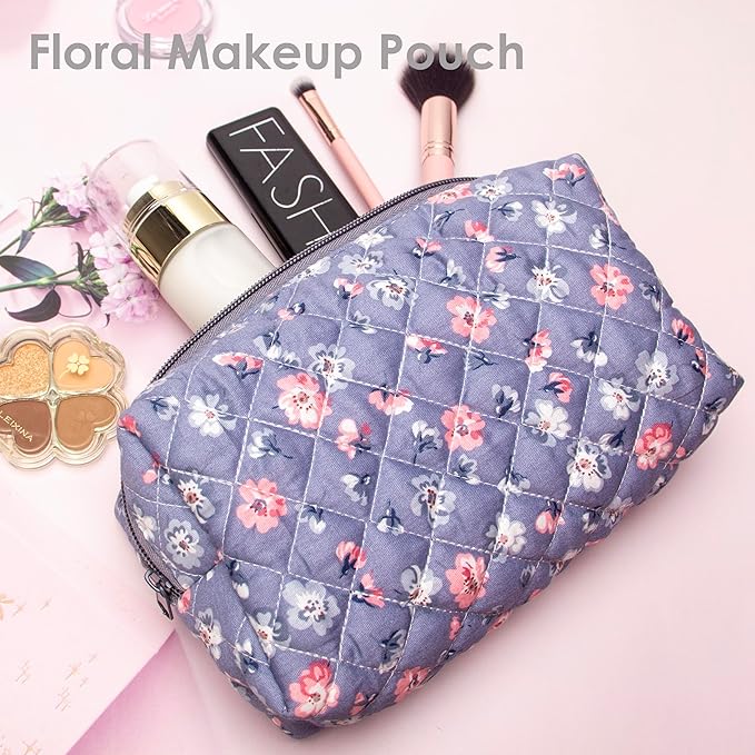 PAZIMIIK Vintage Quilted Makeup Bag Cosmetic Pouch for Brushes Pencils and Travel Make Up Accessories for Women and Girls,Floral Grey