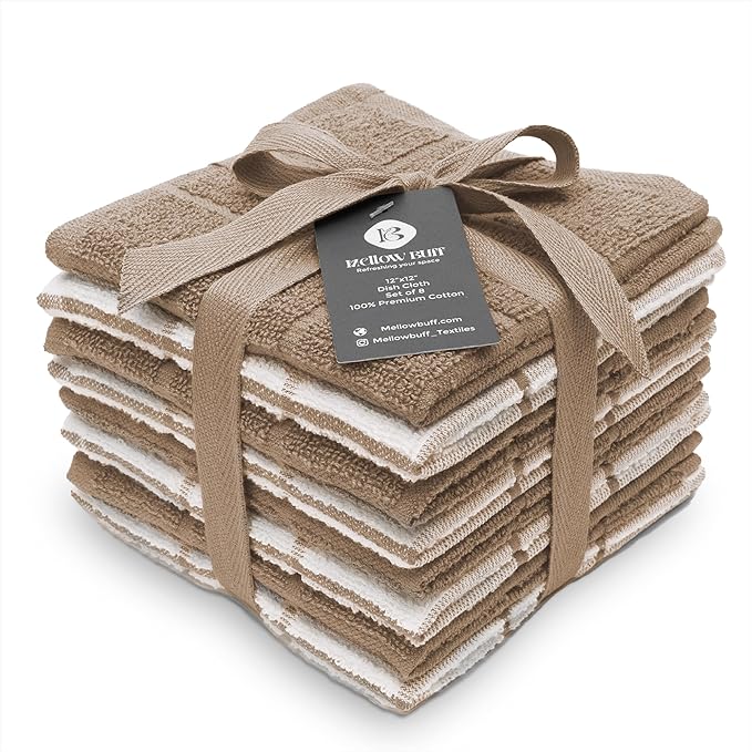 Mellow Buff 100% Cotton Terry Dish Cloth & Dish Towel, 6 Pack, Super Soft and Absorbent Kitchen Towels, Perfect for Kitchen Cleaning and Dish Washing (TAN (Solid and Checks) 8 Pack)