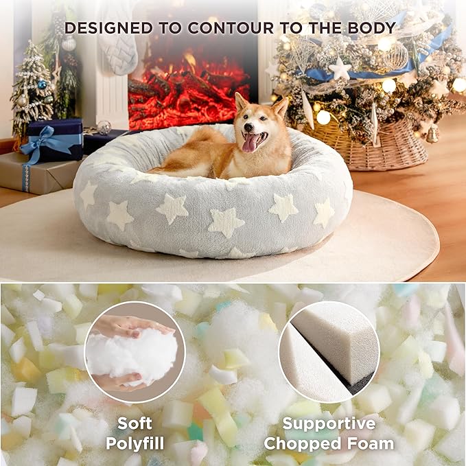 LE SURE Donut Large Dog Bed - XL Round Cat Beds Indoor Anti-Anxiety Calming Gift for Pets, Washable Cute Modern Beds with Jacquard Shaggy Plush & Anti Slip Bottom, 36 Inch, Christmas Grey